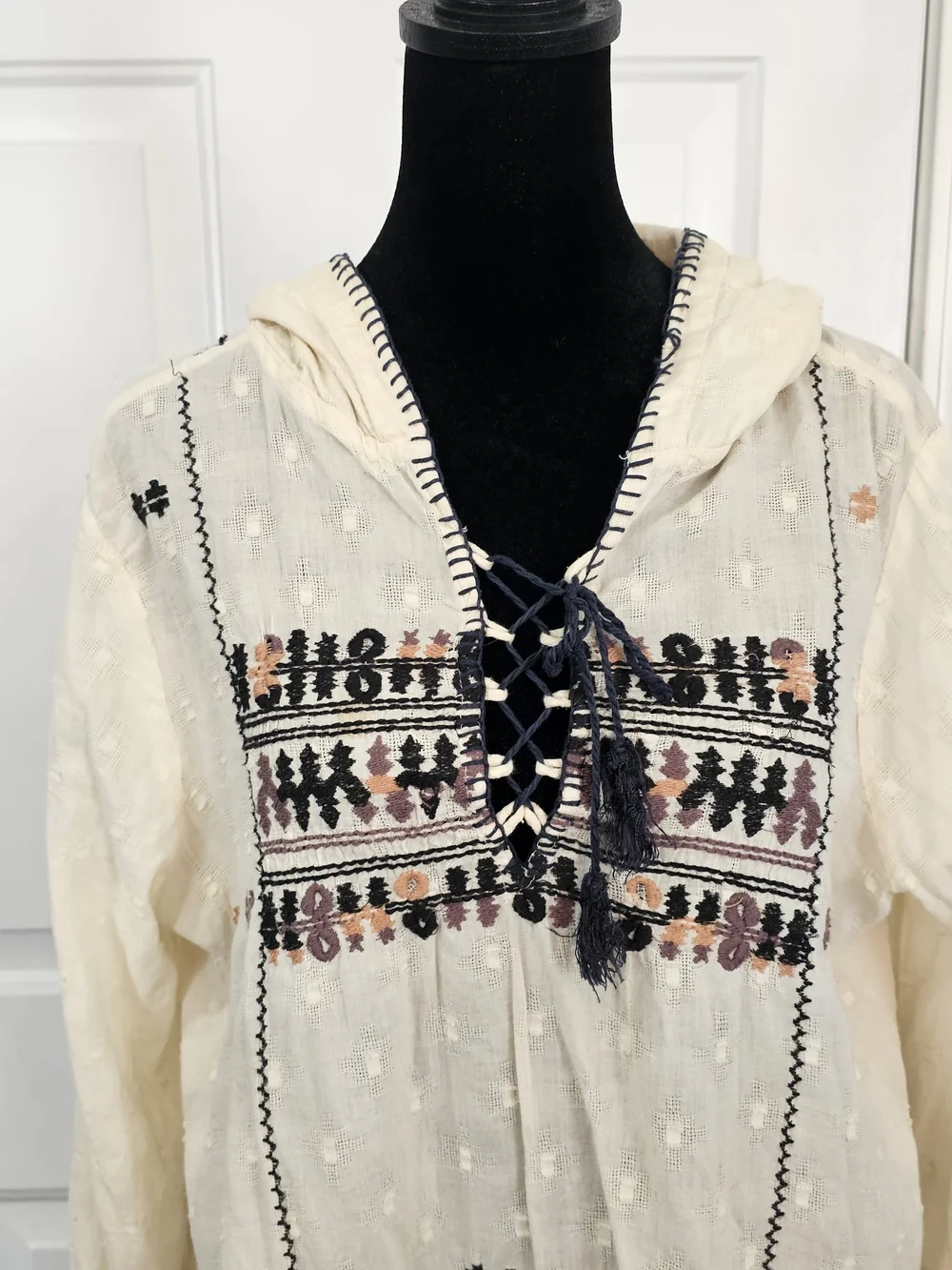 Free People Playa De Ray Cream Embroidered Hooded Pullover with Navy Tassel{Bx26 - Picture 2 of 15